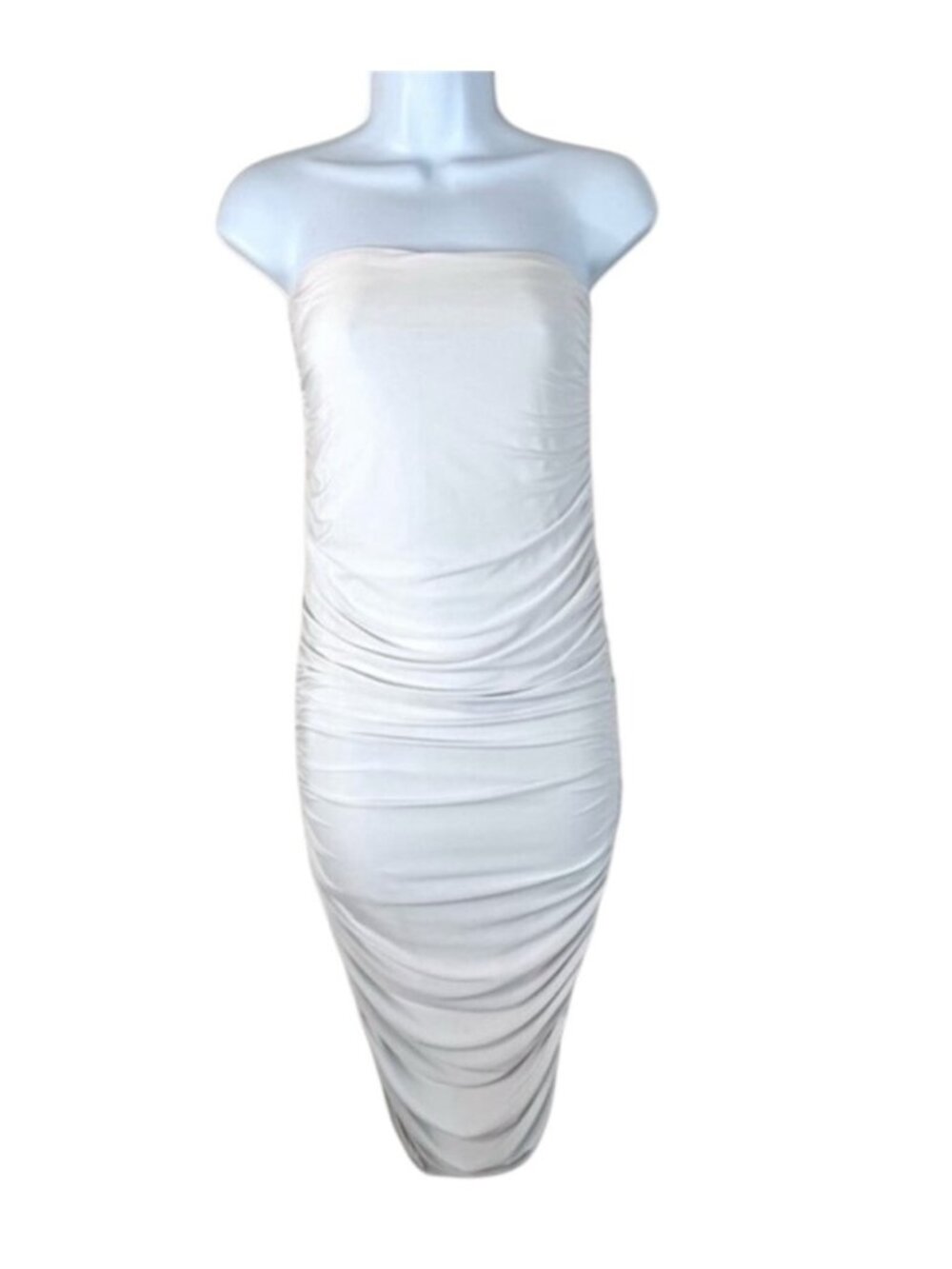 Pretty Little Thing Women's Midi Dress Tube Ruched Side Strapless White Draped